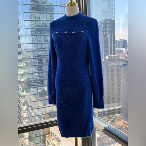 🆕 VERSACE JEANS COUTURE 🧿 NWOT Royal Blue Faux Fur Knit Dress, Buttons - Sz XL - Picture 4 of 16
